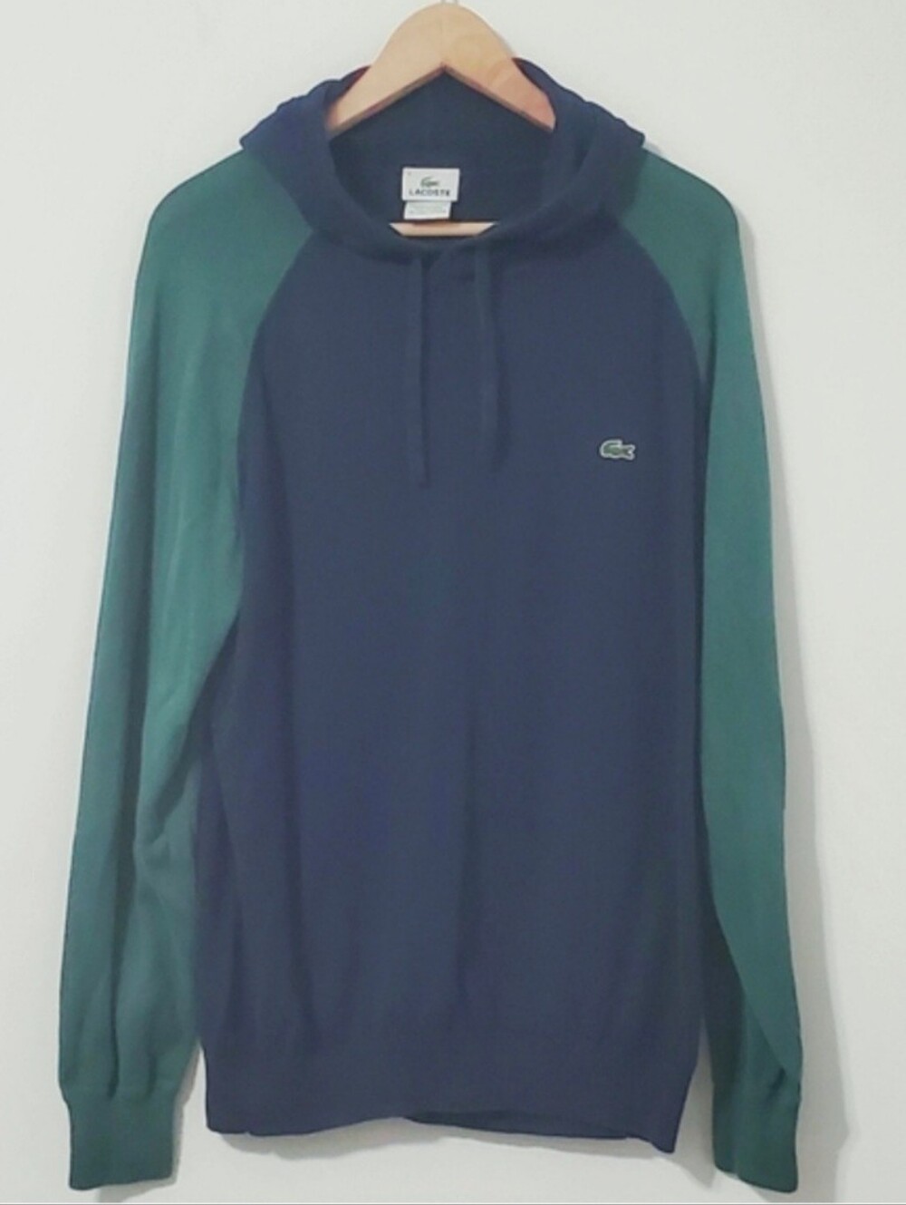Lacoste Blue Green Raglan Sleeve Knit Hoodie Sweater XL
